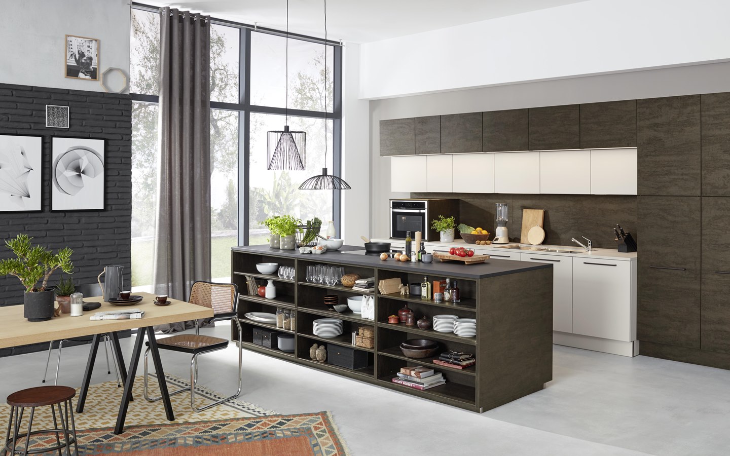 Combination kitchen/living room with shelves in kitchen island