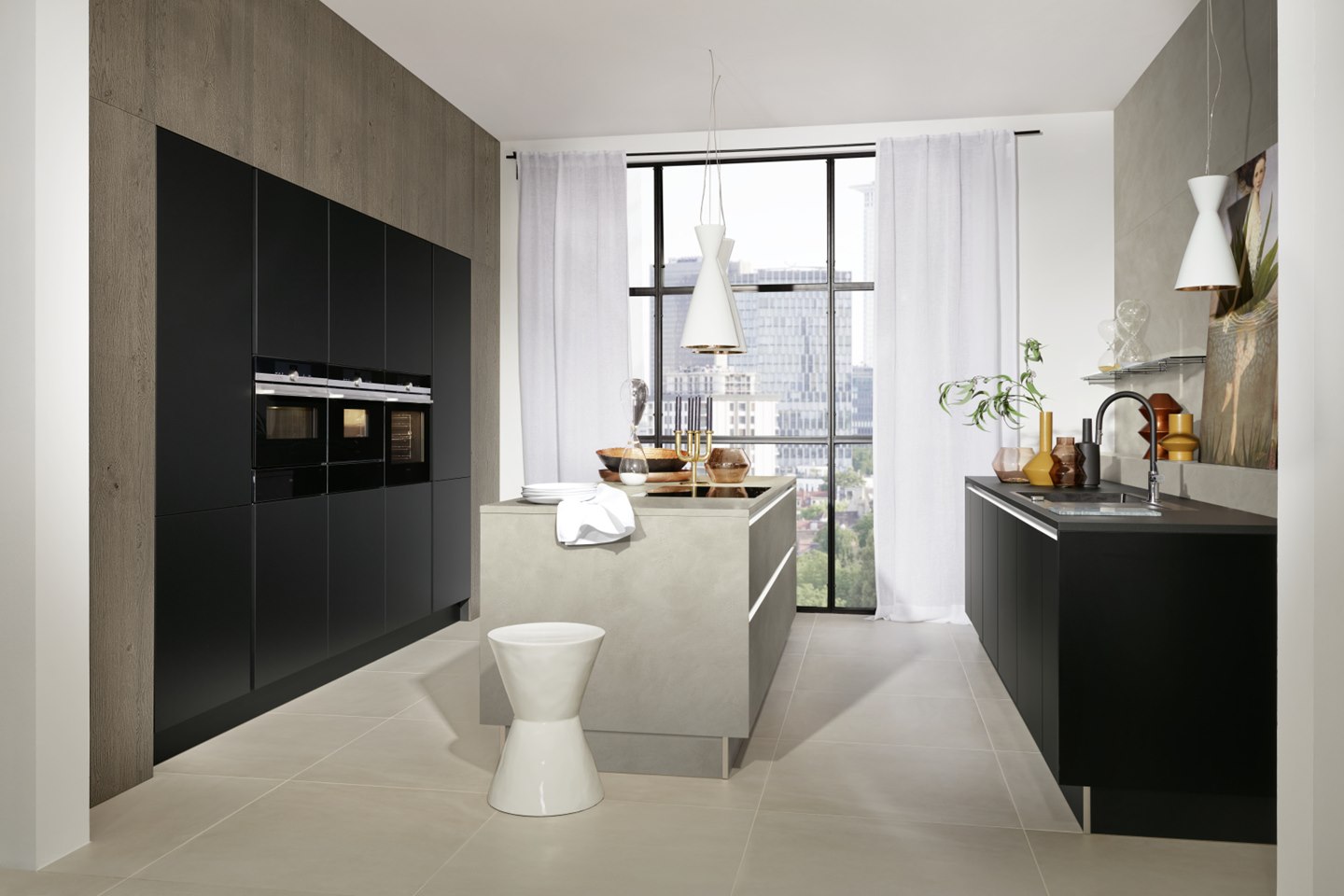 Black kitchen cabinet with marble kitchen island
